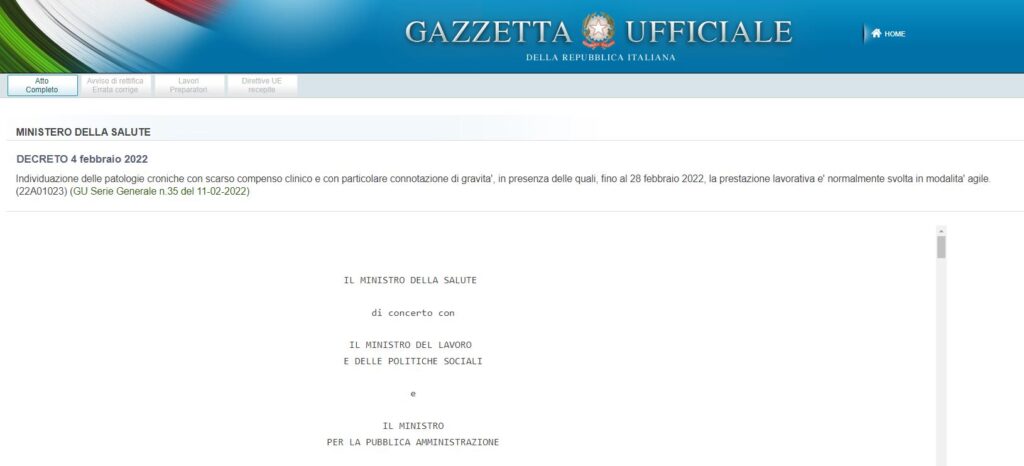 Decreto 4 febbraio 2022 che individua le patologie dei lavoratori fragili